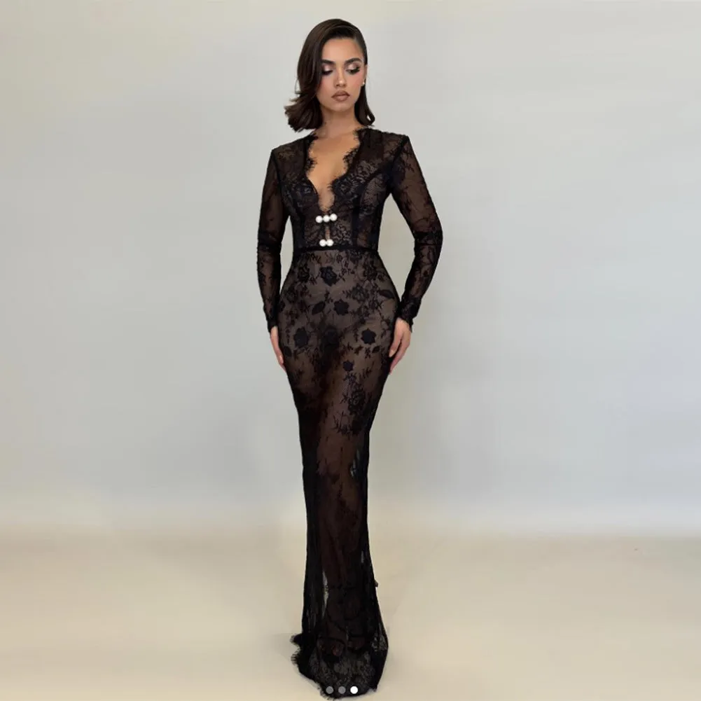 Long Sleeve Lace Maxi Bodycon Dress HT10520