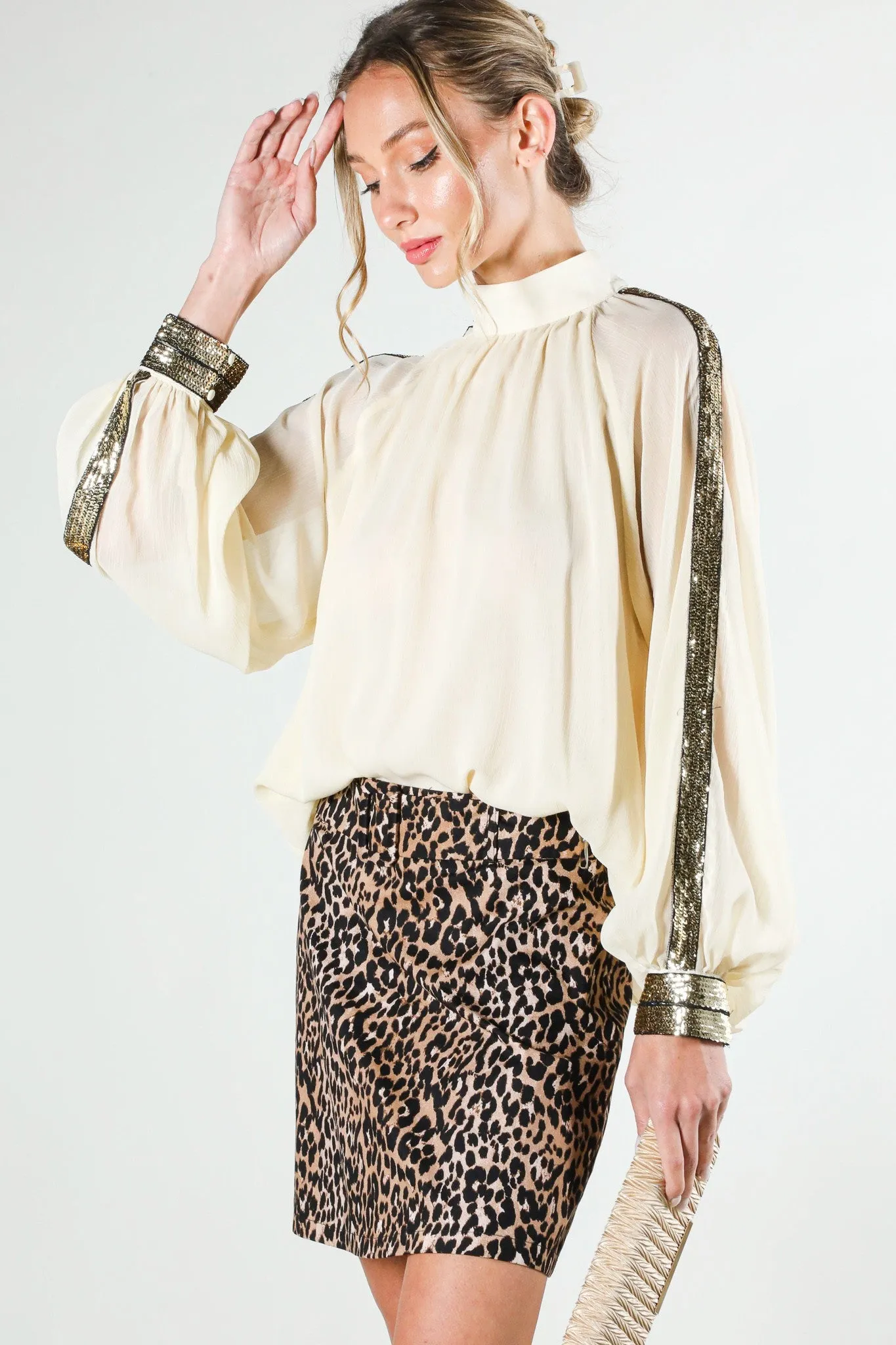 Long Sleeve Sequin Chiffon Blouse
