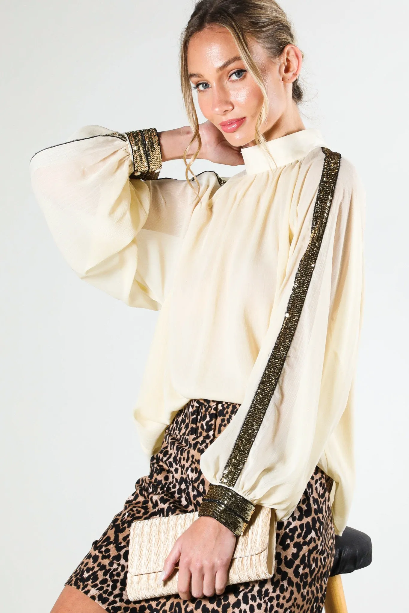 Long Sleeve Sequin Chiffon Blouse