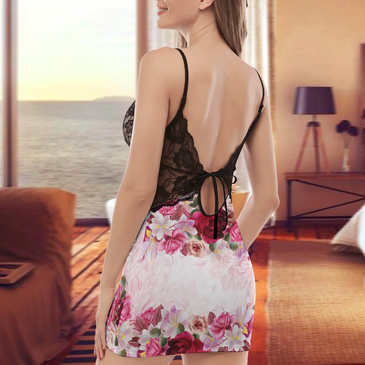 Love Cow - Back Straps Cami Dress With Lace - Nss