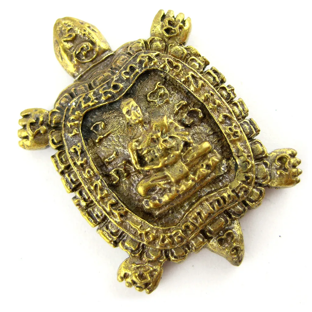 Lucky Turtle Amulet with Meditating Buddhist Monk & Unalome, Brass