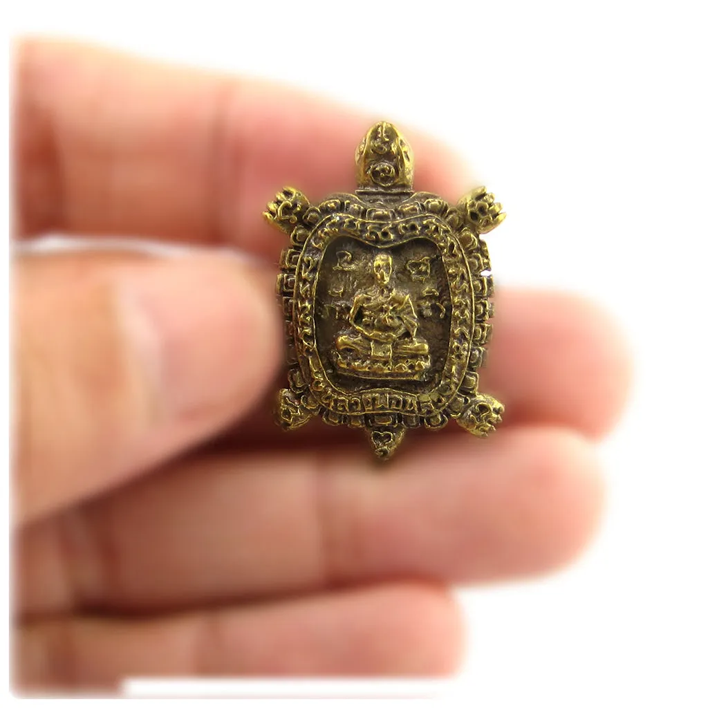 Lucky Turtle Amulet with Meditating Buddhist Monk & Unalome, Brass