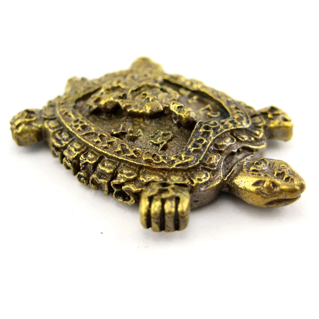 Lucky Turtle Amulet with Meditating Buddhist Monk & Unalome, Brass