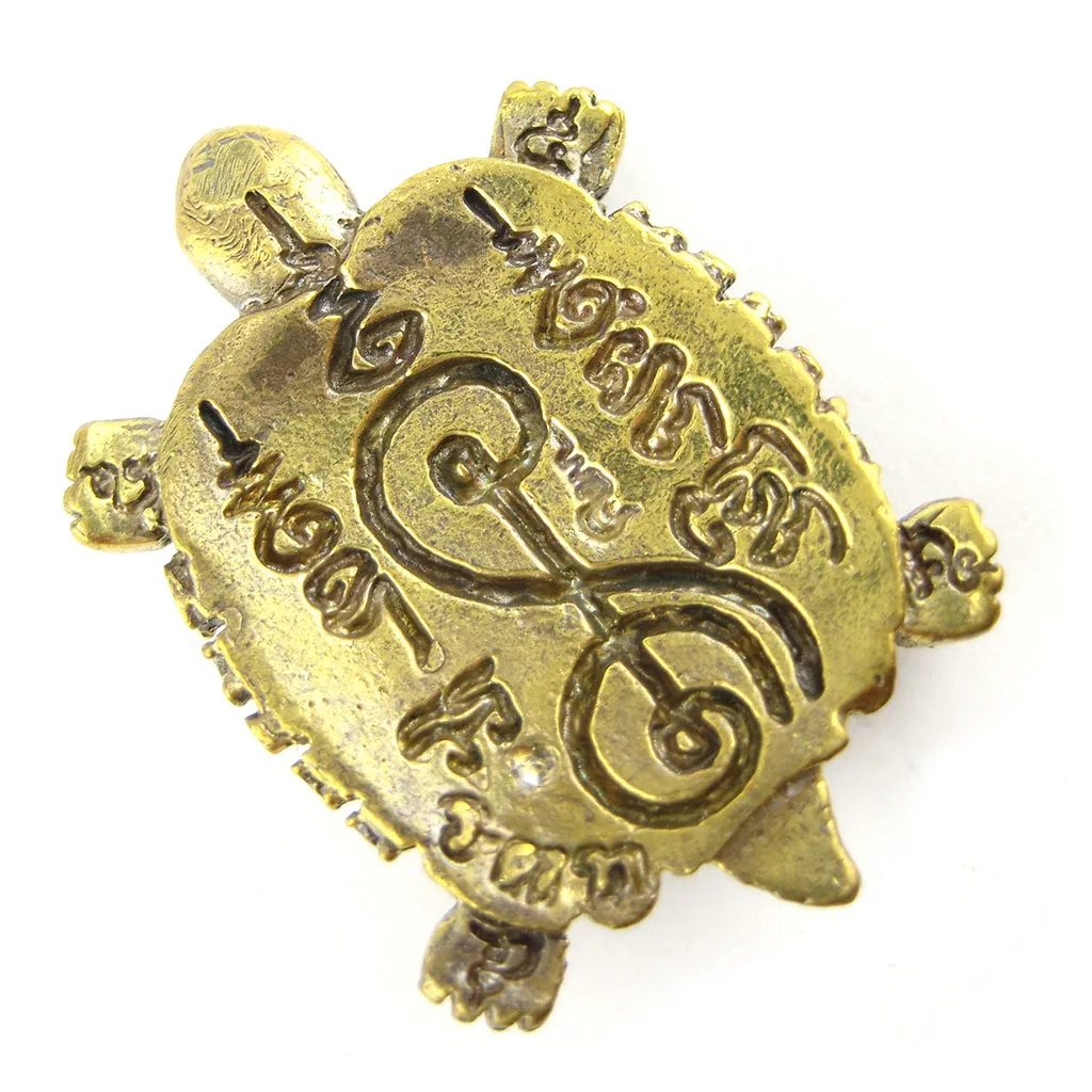 Lucky Turtle Amulet with Meditating Buddhist Monk & Unalome, Brass