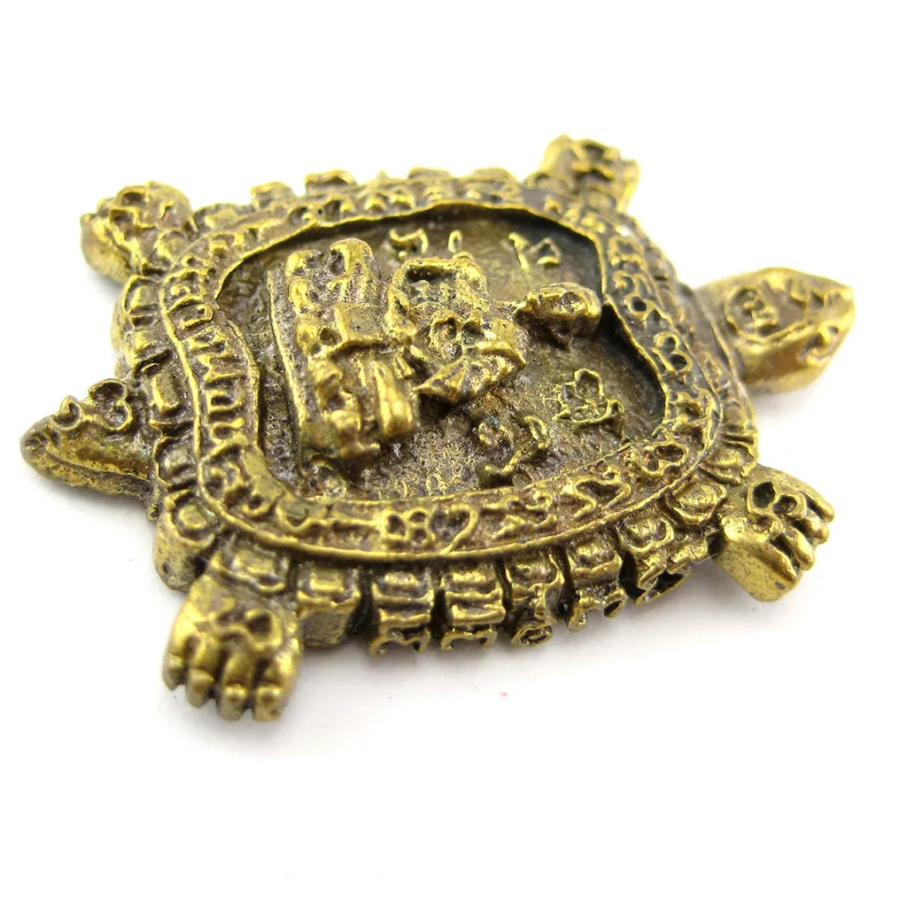 Lucky Turtle Amulet with Meditating Buddhist Monk & Unalome, Brass