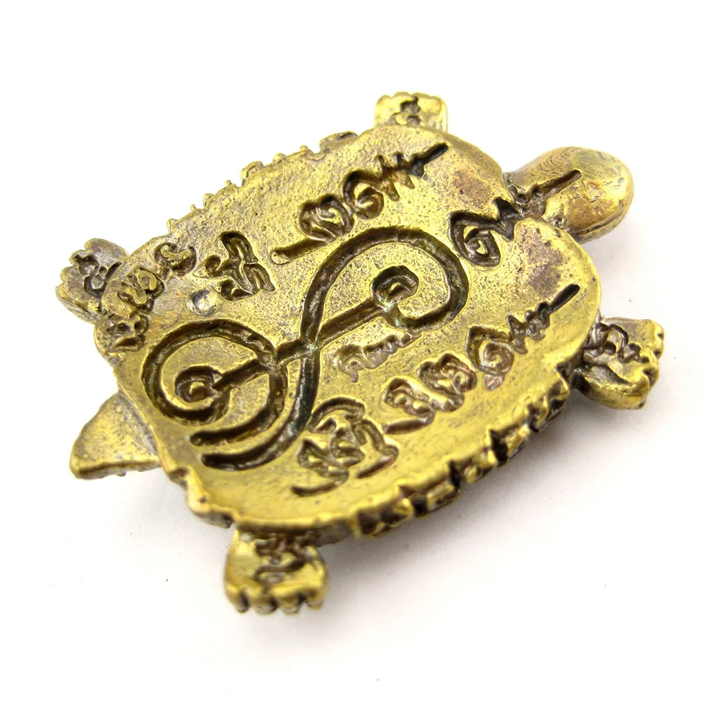 Lucky Turtle Amulet with Meditating Buddhist Monk & Unalome, Brass