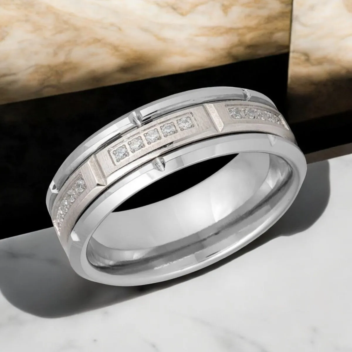 LUMORA | Silver Tungsten Ring, Sectional Diamond Stimulate CZ