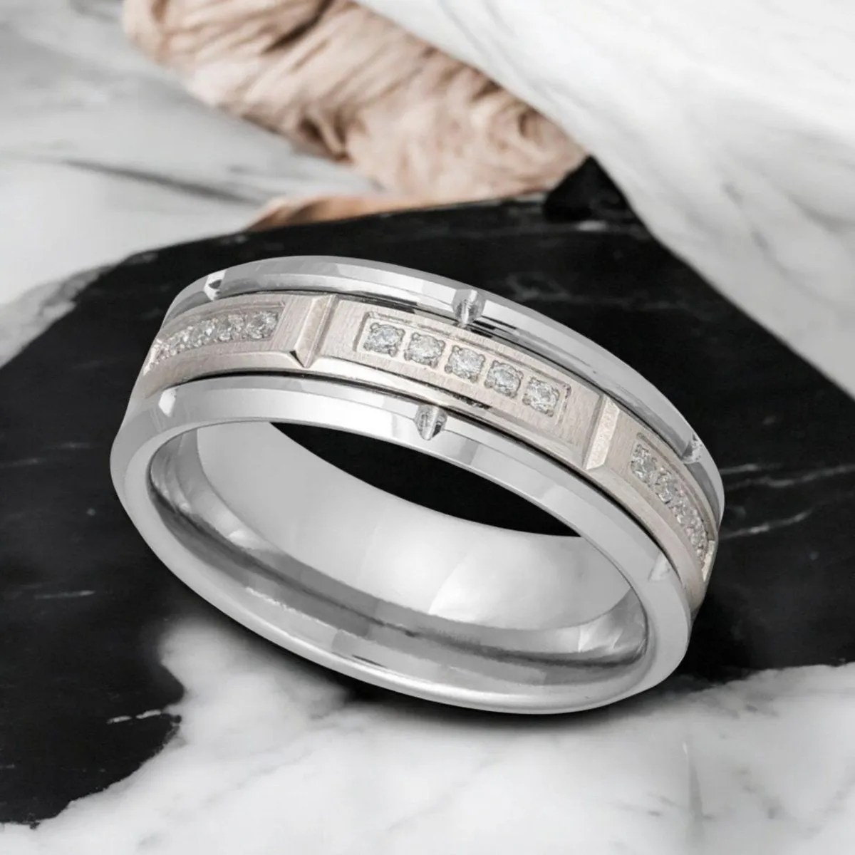LUMORA | Silver Tungsten Ring, Sectional Diamond Stimulate CZ