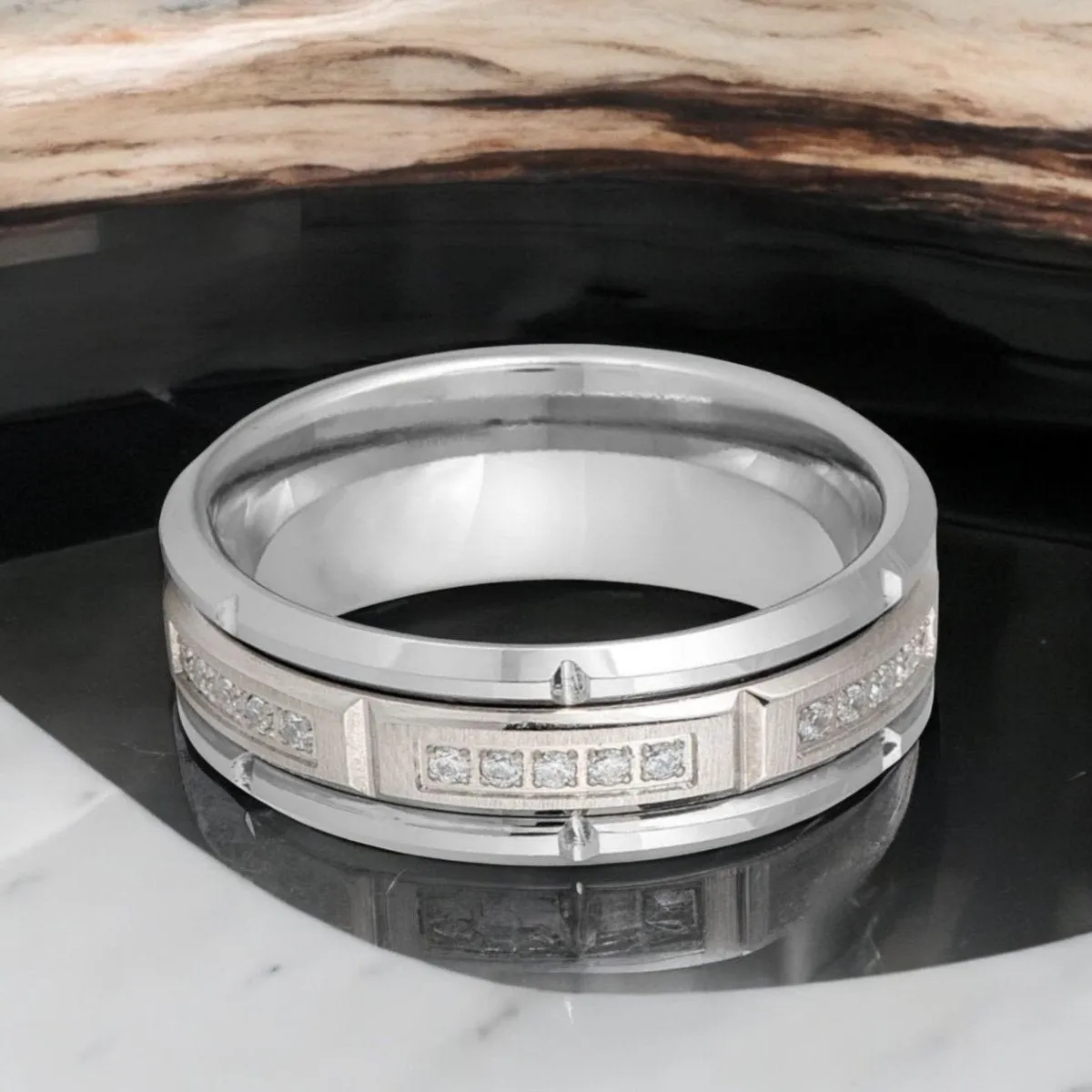 LUMORA | Silver Tungsten Ring, Sectional Diamond Stimulate CZ