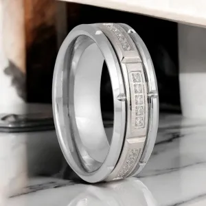 LUMORA | Silver Tungsten Ring, Sectional Diamond Stimulate CZ