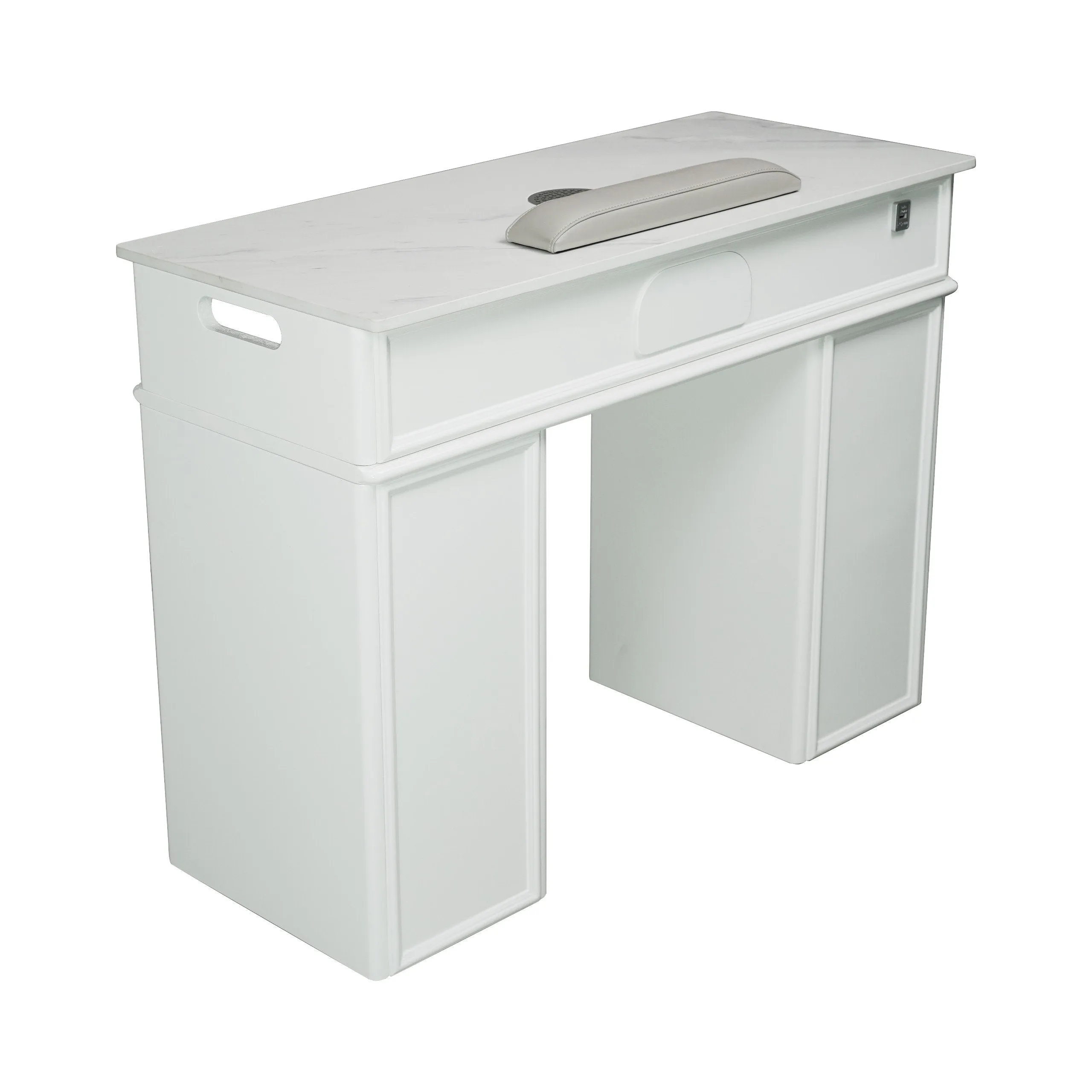 LUX N146 Single Manicure Nail Table Marble Top with UV Hole, Vent Pipe, & USB