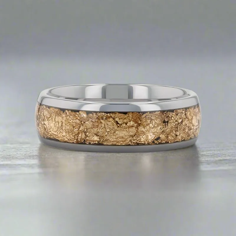 LUXE | Tungsten Ring, Decorative Gold Flake Inlay, Domed