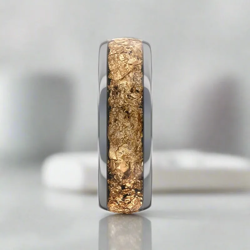 LUXE | Tungsten Ring, Decorative Gold Flake Inlay, Domed