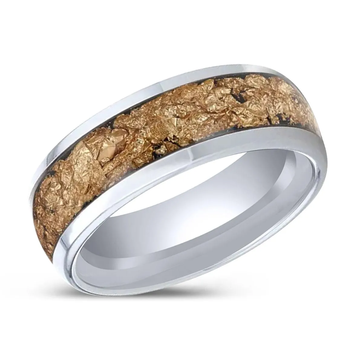 LUXE | Tungsten Ring, Decorative Gold Flake Inlay, Domed