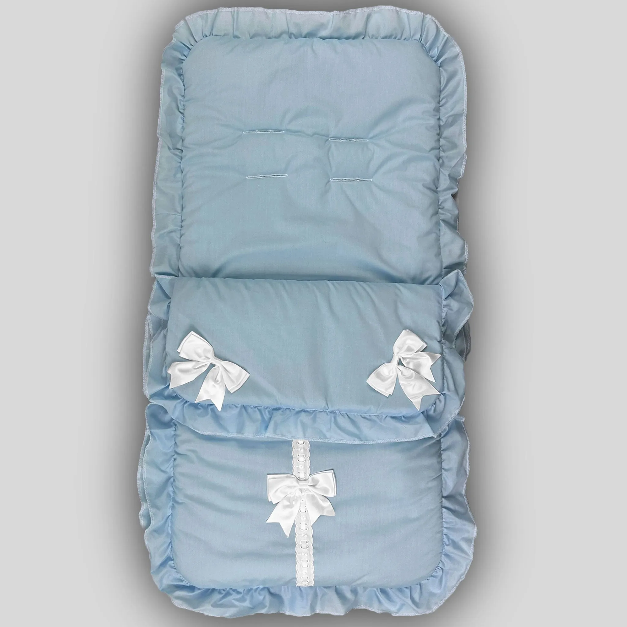 Luxury Baby Boys Blue Footmuff – Padded, Frilly Design with Satin Bows