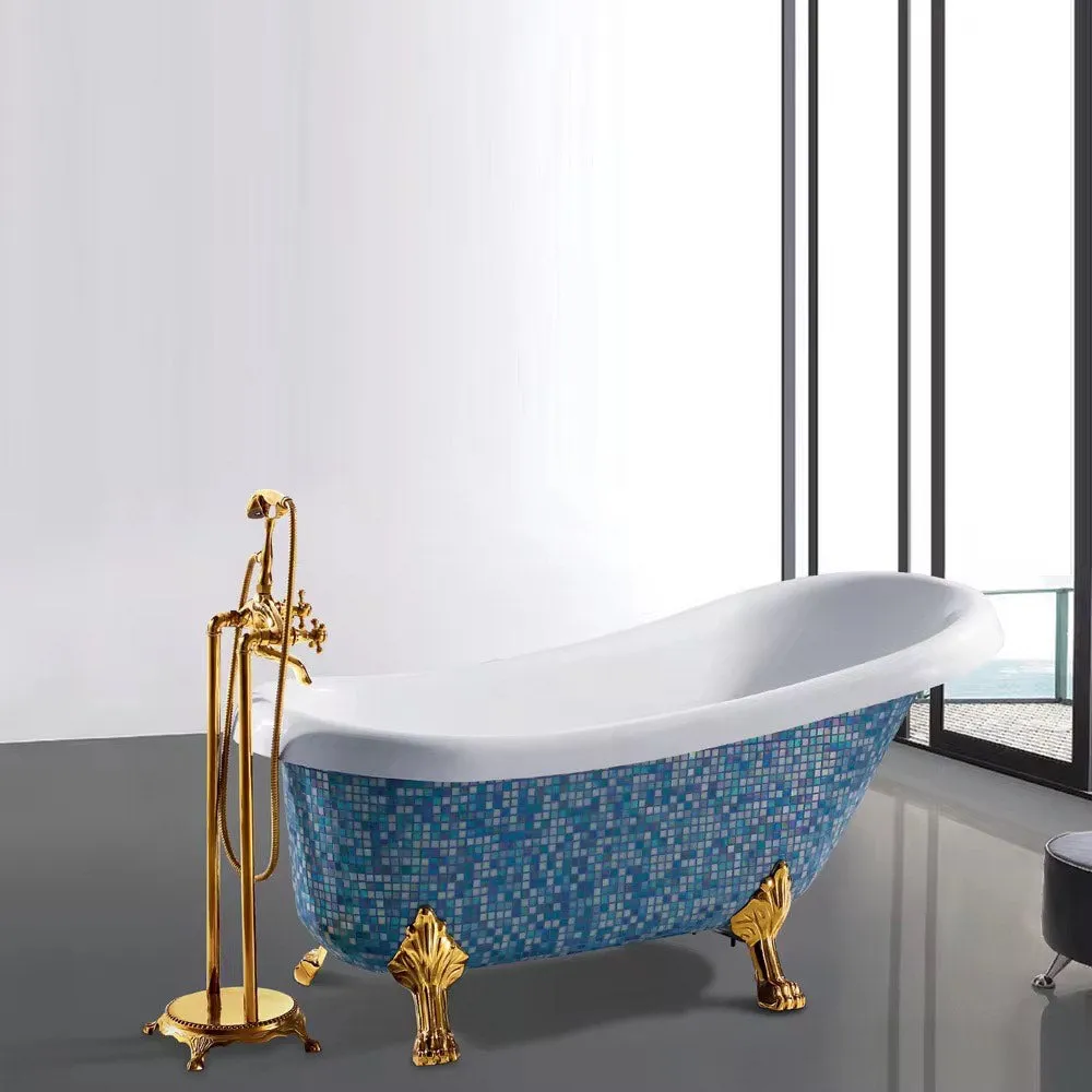Luxury Free Standing Hotel Designs Bathtub Acrylic Mosaic Claw Footed Gold Silver Blue
