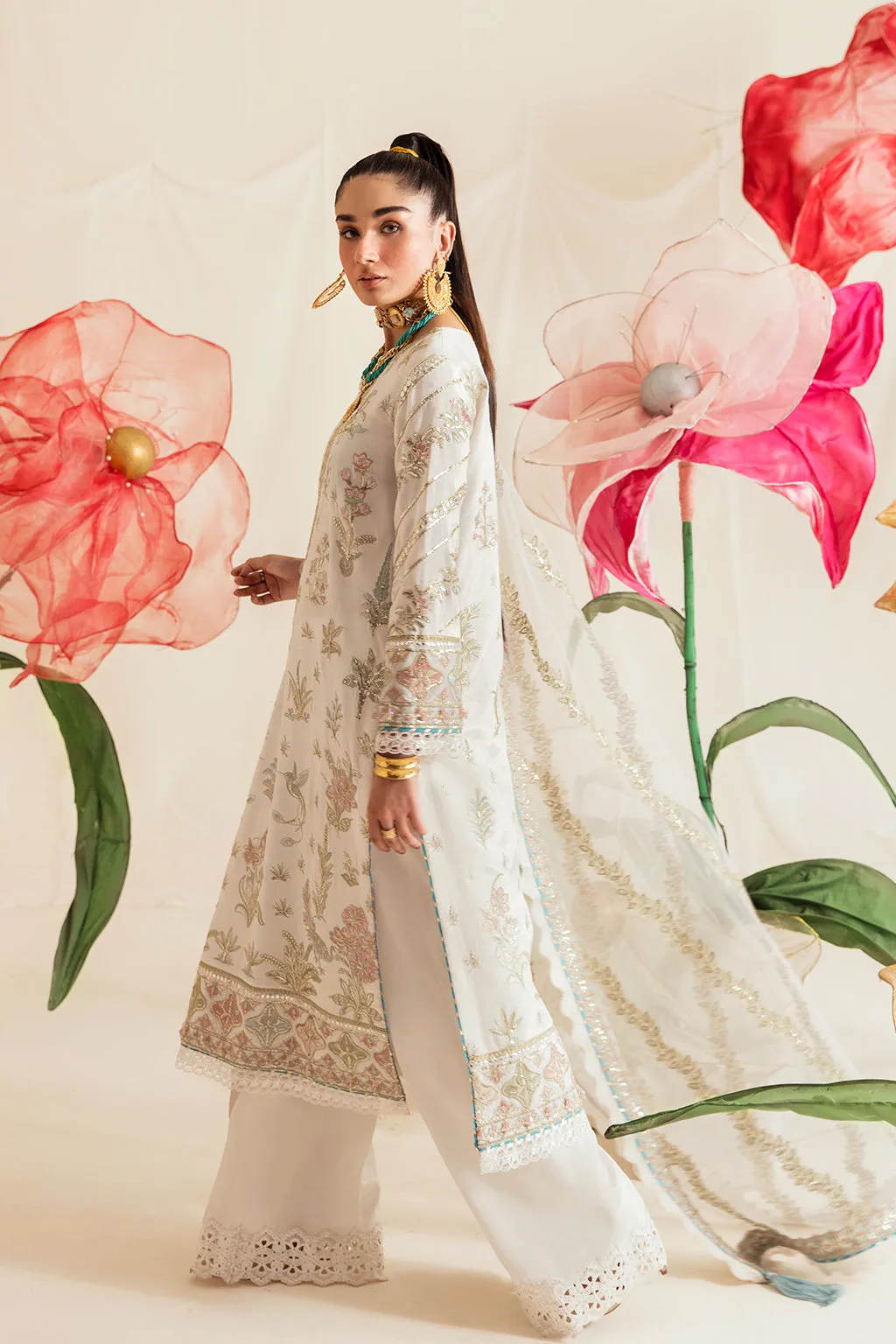 Luxury Ivory Open Shirt Style Pakistani Embroidered Salwar Kameez Suit