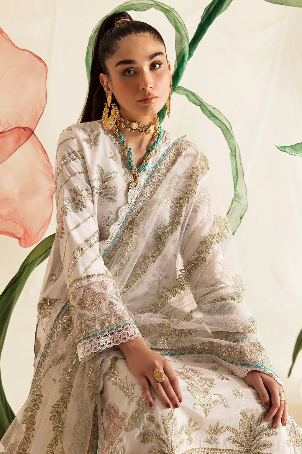 Luxury Ivory Open Shirt Style Pakistani Embroidered Salwar Kameez Suit