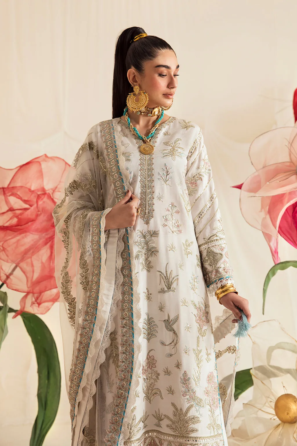 Luxury Ivory Open Shirt Style Pakistani Embroidered Salwar Kameez Suit