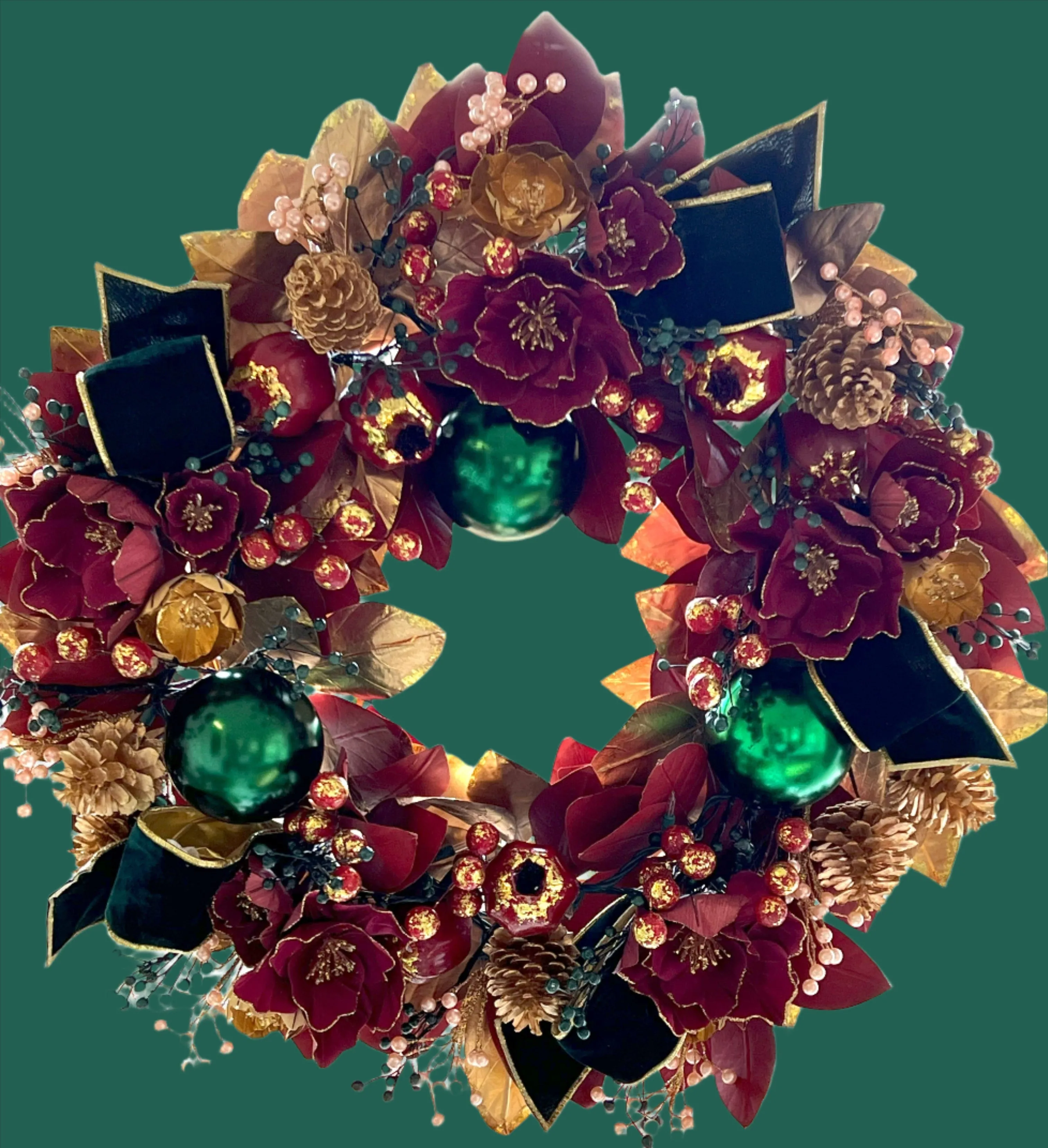 Luxury Lighted Burgundy Christmas Wreath- 28" Diameter x 11" H