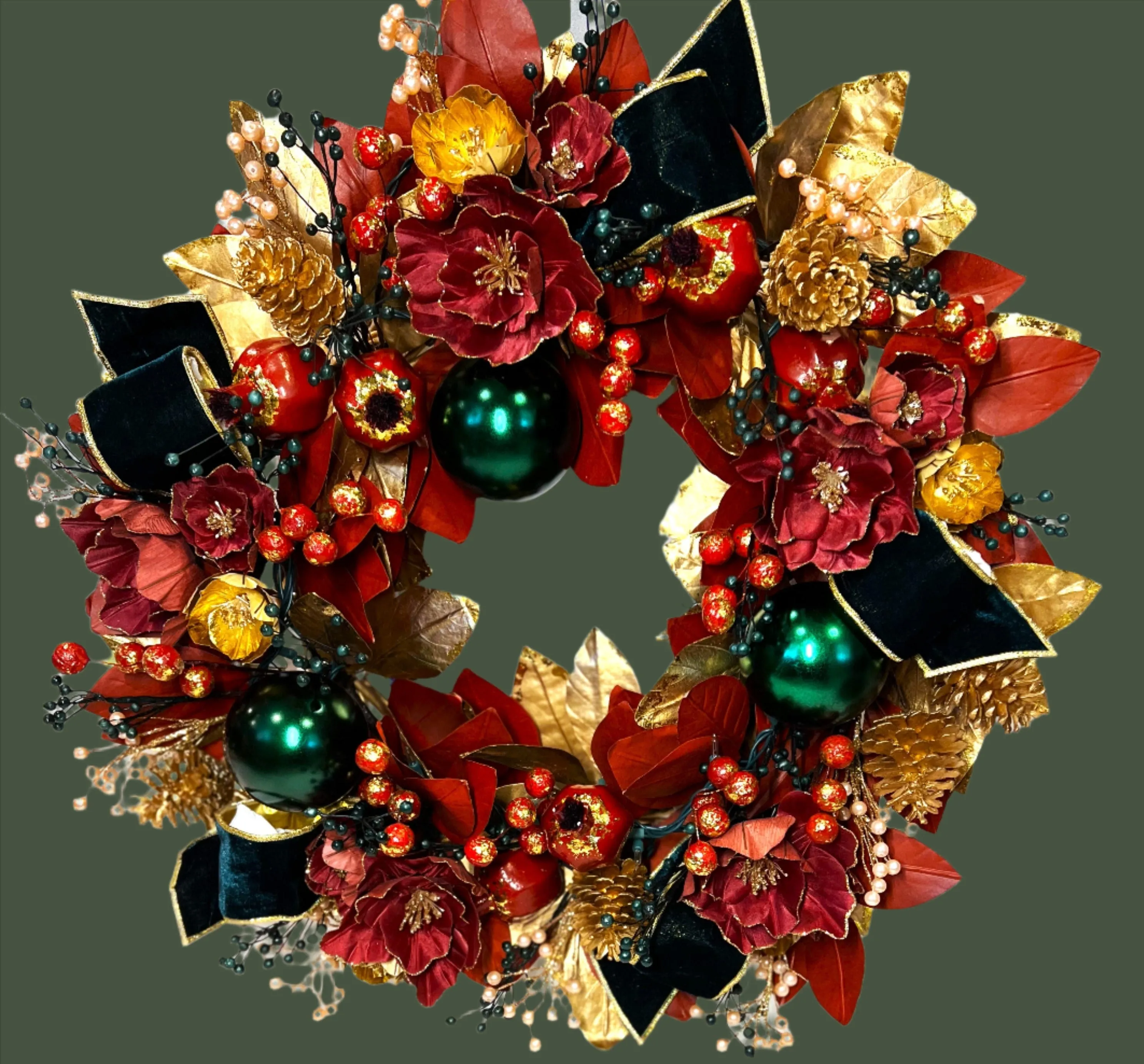 Luxury Lighted Burgundy Christmas Wreath- 28" Diameter x 11" H