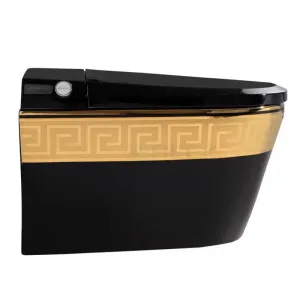 Luxury Modern Bathroom Intelligent Toilet Commode Greek Key Gold Black Wall Hanging