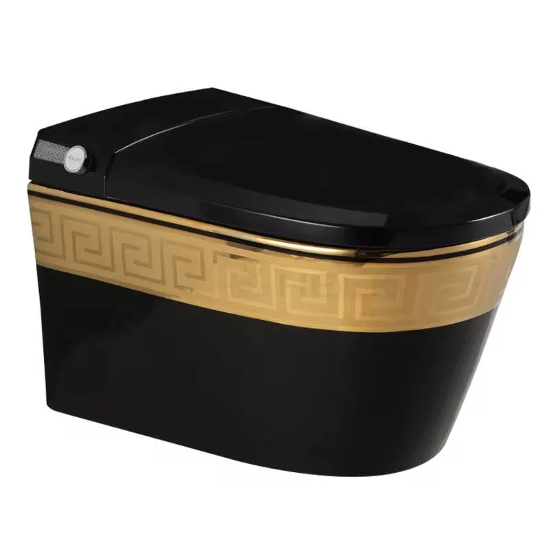 Luxury Modern Bathroom Intelligent Toilet Commode Greek Key Gold Black Wall Hanging