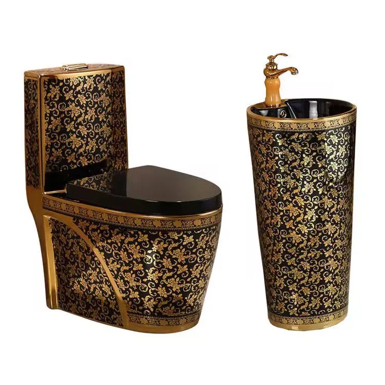 Luxury Modern Style Bathroom Seat Toilet Dual Flush Bathroom Ceramic Black Gold Floor Mounted