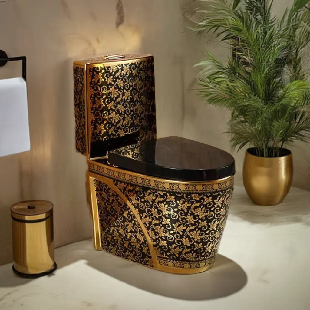 Luxury Modern Style Bathroom Seat Toilet Dual Flush Bathroom Ceramic Black Gold Floor Mounted