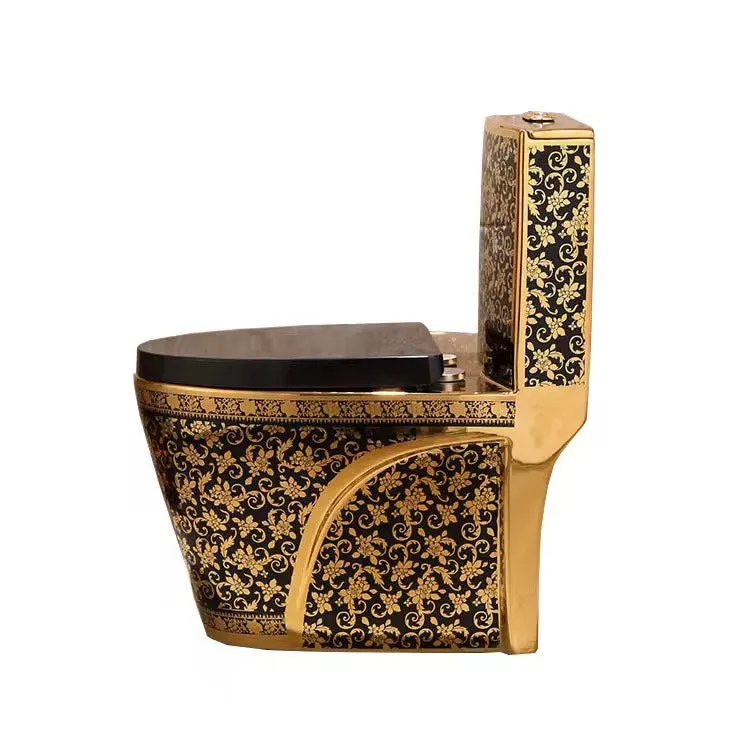 Luxury Modern Style Bathroom Seat Toilet Dual Flush Bathroom Ceramic Black Gold Floor Mounted