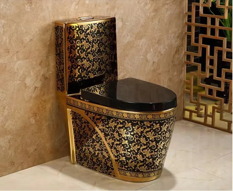 Luxury Modern Style Bathroom Seat Toilet Dual Flush Bathroom Ceramic Black Gold Floor Mounted