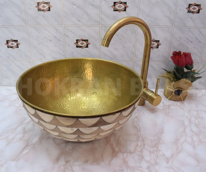 Luxury Moroccan Bathroom Sink - Solid Unlacquered Brass, Bone, and Wood Finish with Brass Mixer Tap