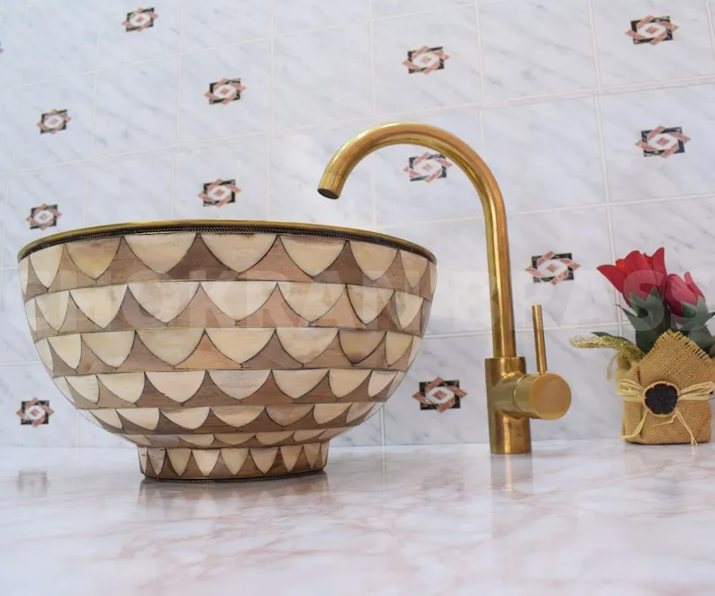 Luxury Moroccan Bathroom Sink - Solid Unlacquered Brass, Bone, and Wood Finish with Brass Mixer Tap