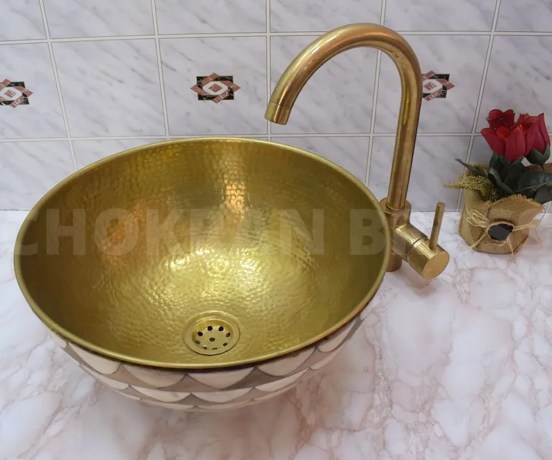 Luxury Moroccan Bathroom Sink - Solid Unlacquered Brass, Bone, and Wood Finish with Brass Mixer Tap