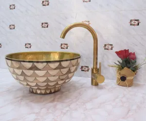 Luxury Moroccan Bathroom Sink - Solid Unlacquered Brass, Bone, and Wood Finish with Brass Mixer Tap