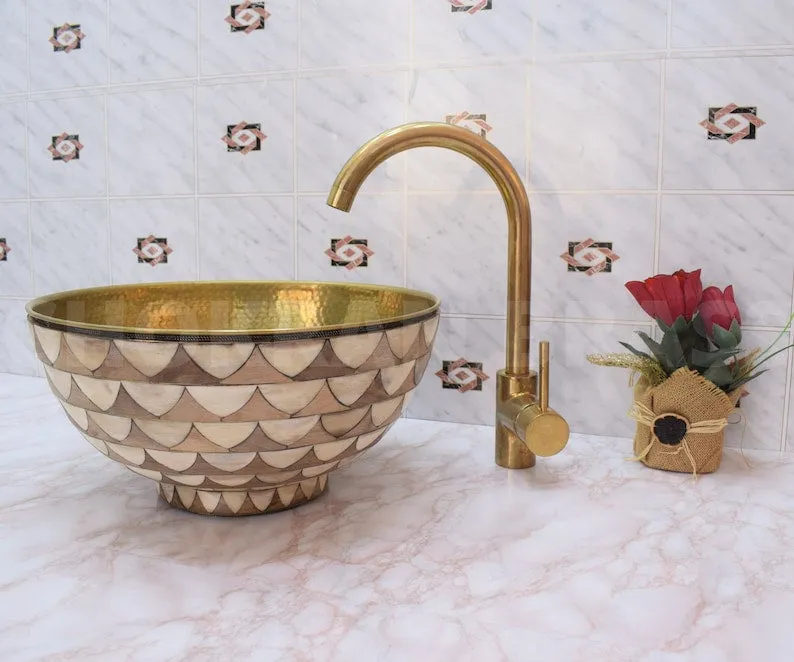 Luxury Moroccan Bathroom Sink - Solid Unlacquered Brass, Bone, and Wood Finish with Brass Mixer Tap