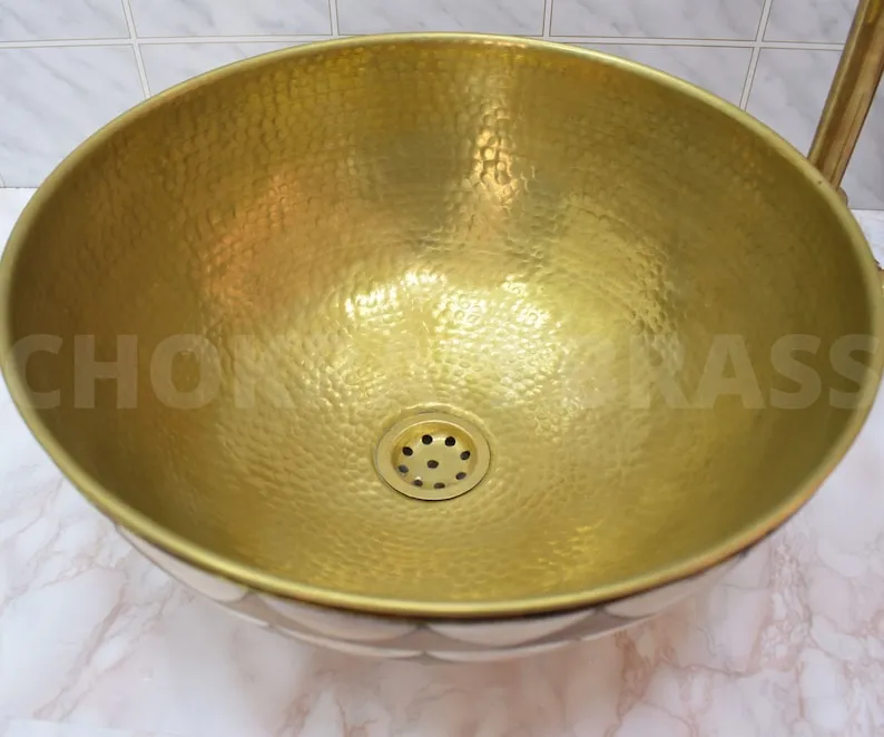 Luxury Moroccan Bathroom Sink - Solid Unlacquered Brass, Bone, and Wood Finish with Brass Mixer Tap