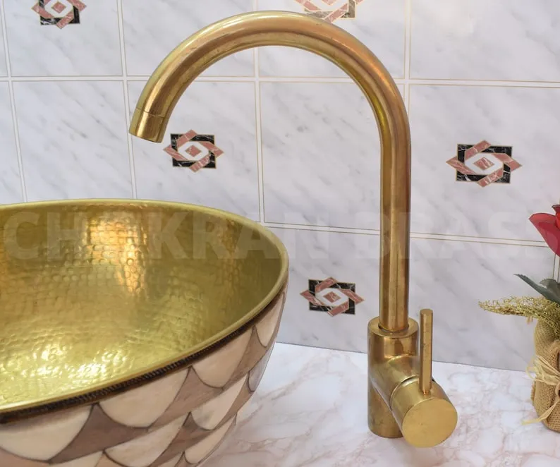 Luxury Moroccan Bathroom Sink - Solid Unlacquered Brass, Bone, and Wood Finish with Brass Mixer Tap