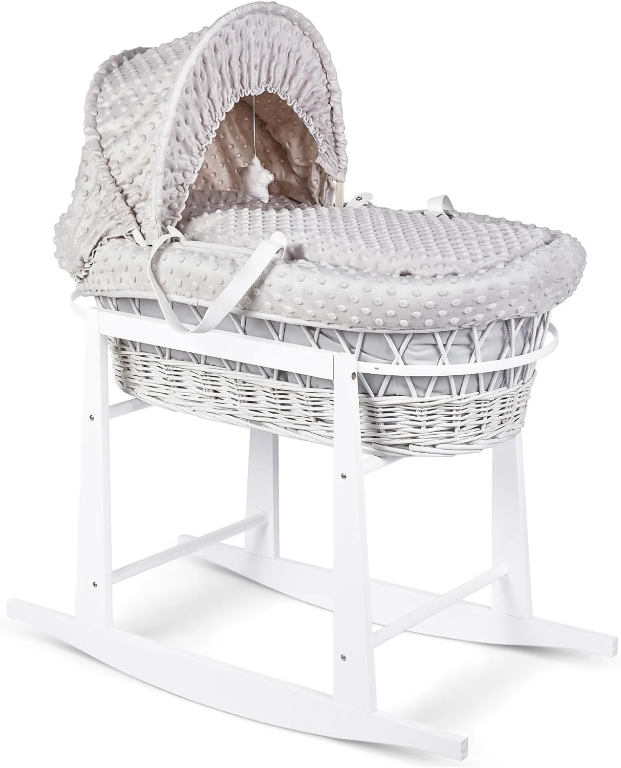 Luxury Moses Basket Padded Wicker Baby Full Set Rocking Stand White Handle/Grey