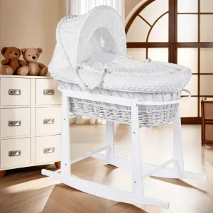 Luxury Moses Basket Padded Wicker Baby Full Set Rocking Stand White Handle/White