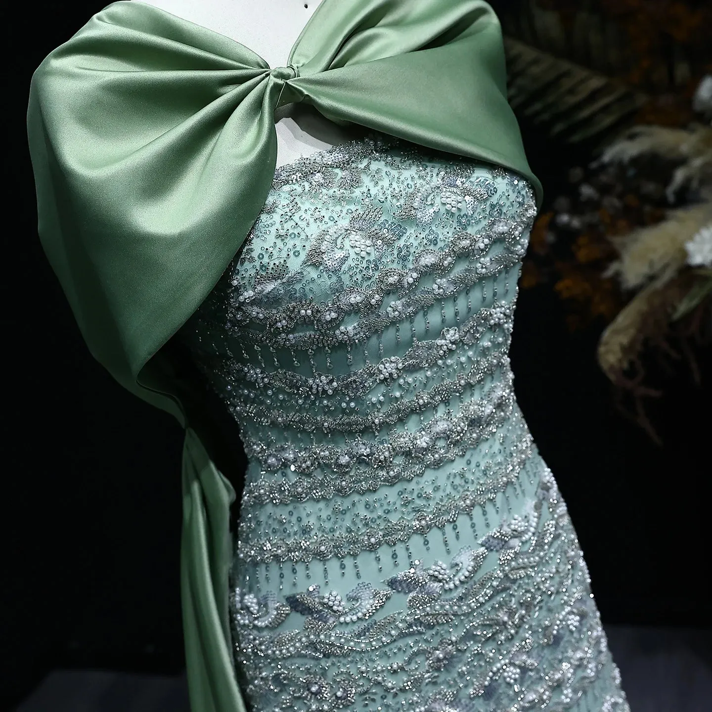 Luxury Sage Green Evening Dress with Cape