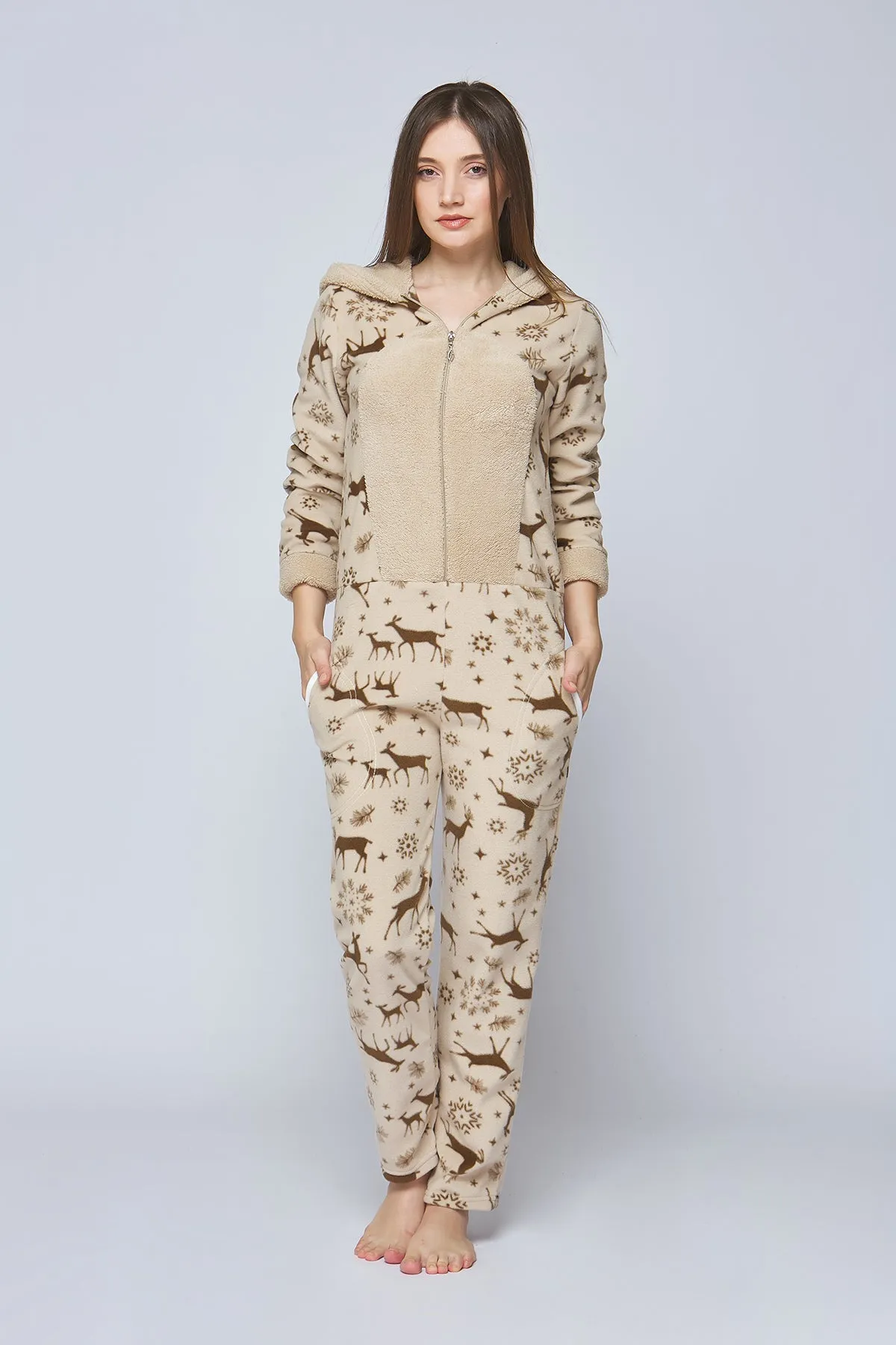 Luxury Super Soft All-in-One Hooded Fleece Onesie with Ears- Reindeer Design