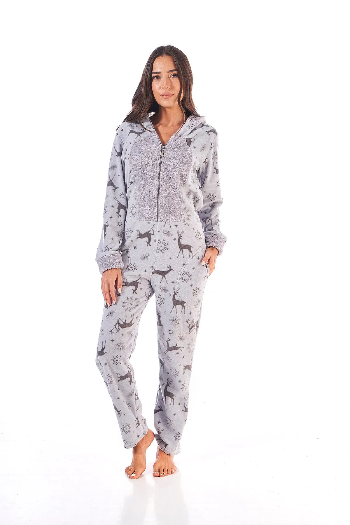 Luxury Super Soft All-in-One Hooded Fleece Onesie with Ears- Reindeer Design
