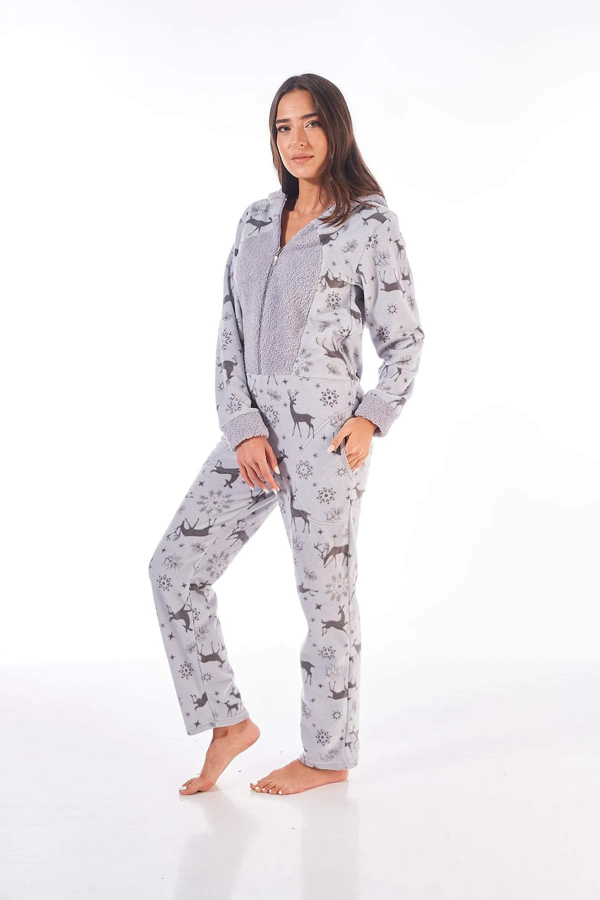 Luxury Super Soft All-in-One Hooded Fleece Onesie with Ears- Reindeer Design