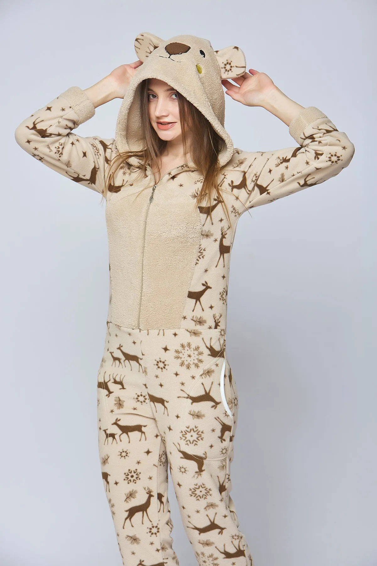 Luxury Super Soft All-in-One Hooded Fleece Onesie with Ears- Reindeer Design