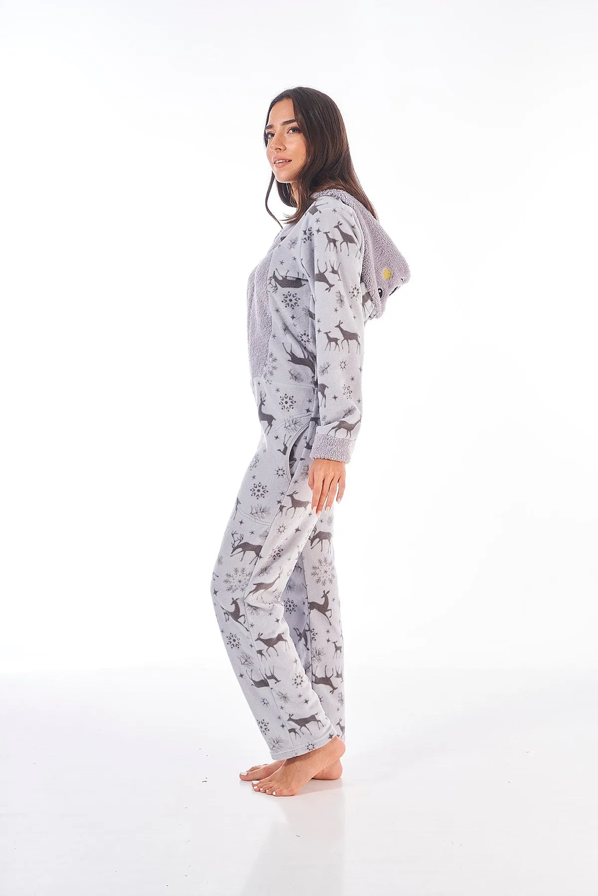 Luxury Super Soft All-in-One Hooded Fleece Onesie with Ears- Reindeer Design