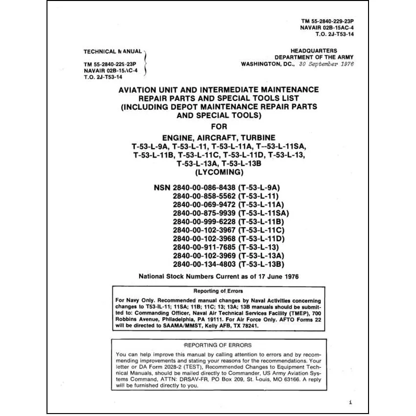 Lycoming T53-L-9A, -11, -13 Parts Manual (55-2840-229-23-P)