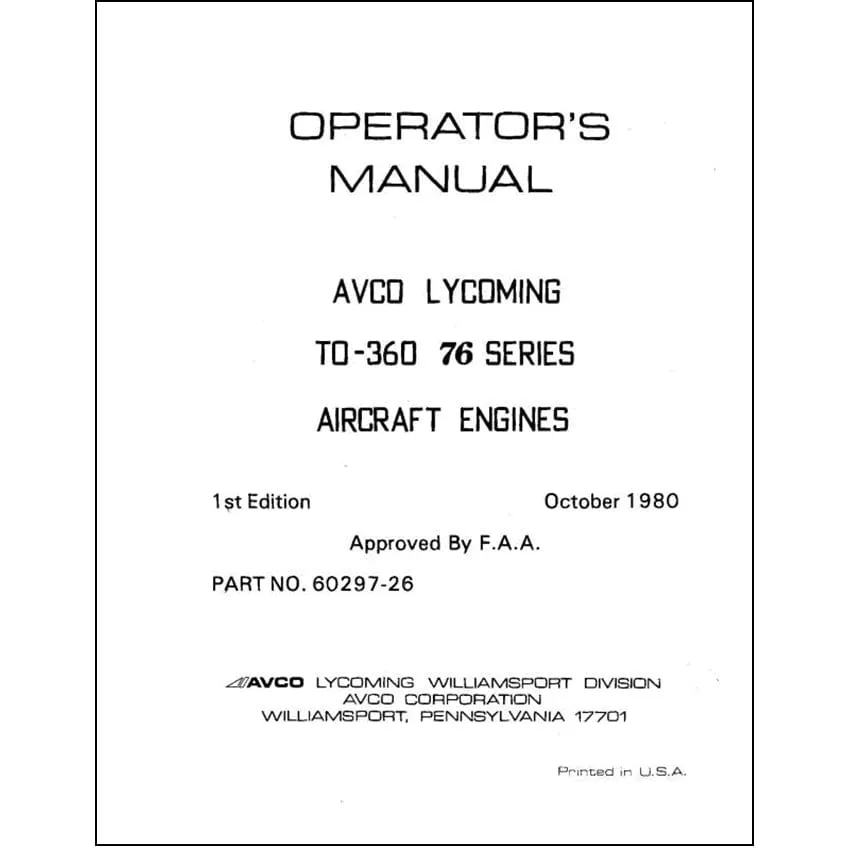 Lycoming TO-360-E 76 Series, 1980 Operator's Manual (60297-26)