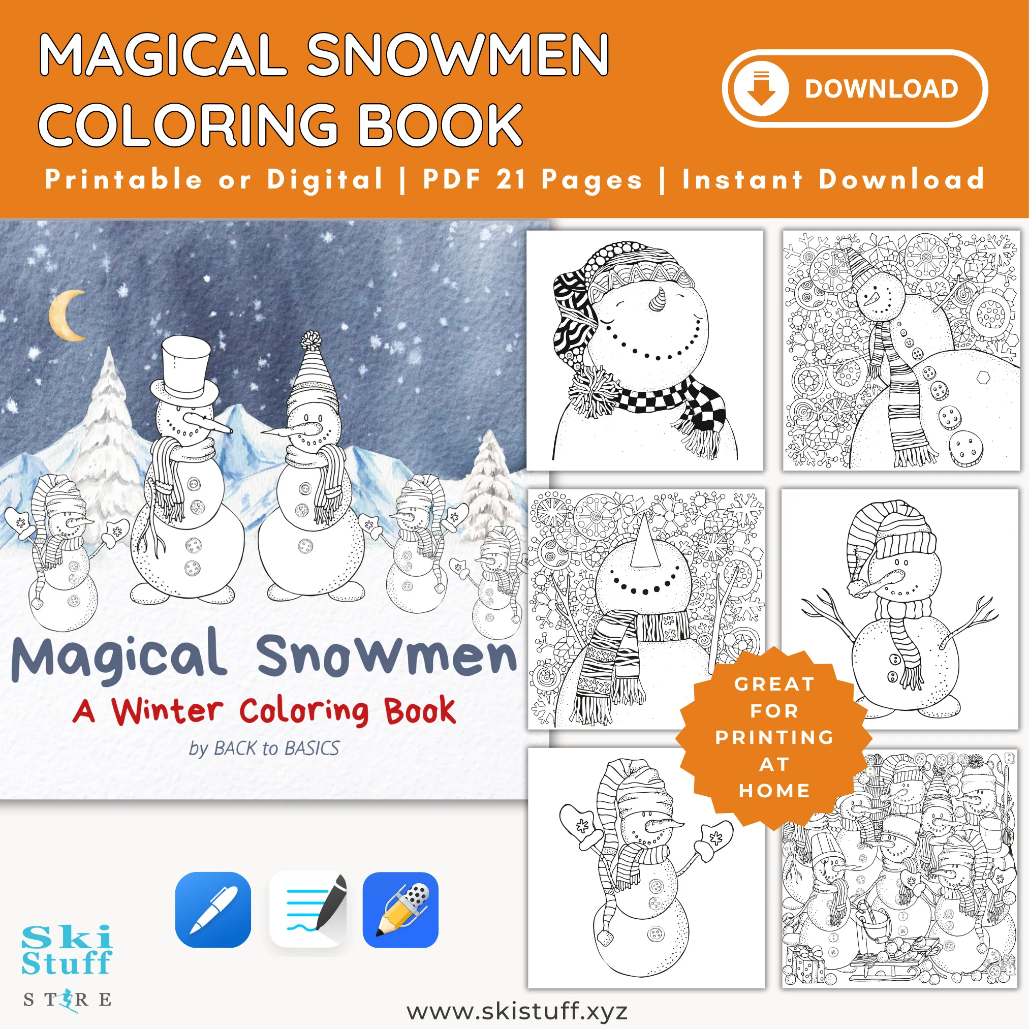 Magical Snowmen Coloring Book, Instant Download