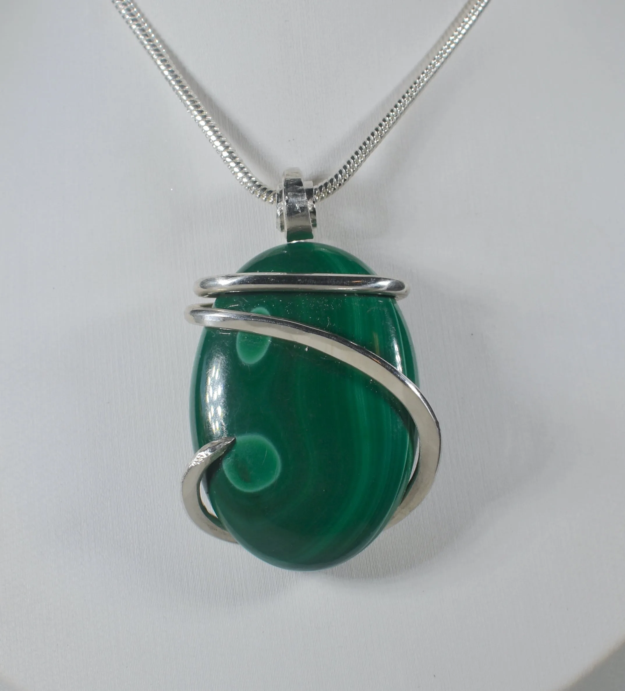 Malachite Handmade Stone Pendant Wrapped in Silver